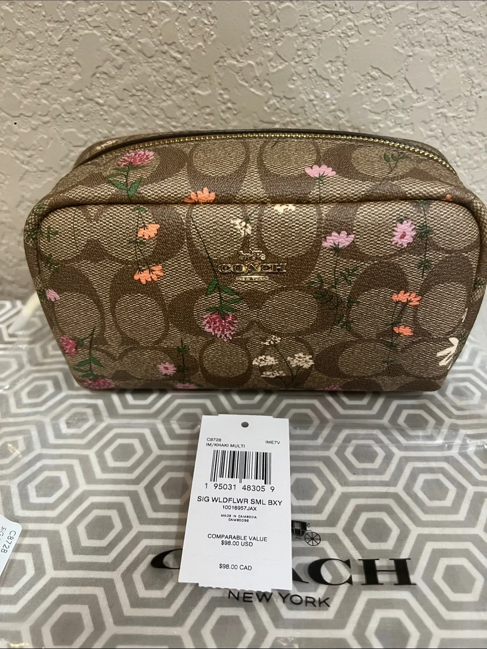 Coach Floral Sig wildflower SM BXY C8728 cosmetic Case Brown with Pink & Orange